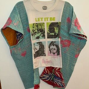 The Beatles Let It Be T-Shirt with Floral Kantha Kimono Sleeves